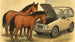 Vtip: Dva koně koukají pod kapotu auta