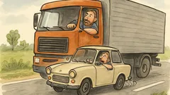Vtip: Na okresce se Trabant věší za kamion