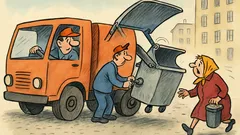 Vtip: Popeláři vyprazdňují kontejner, přibíhá paní...